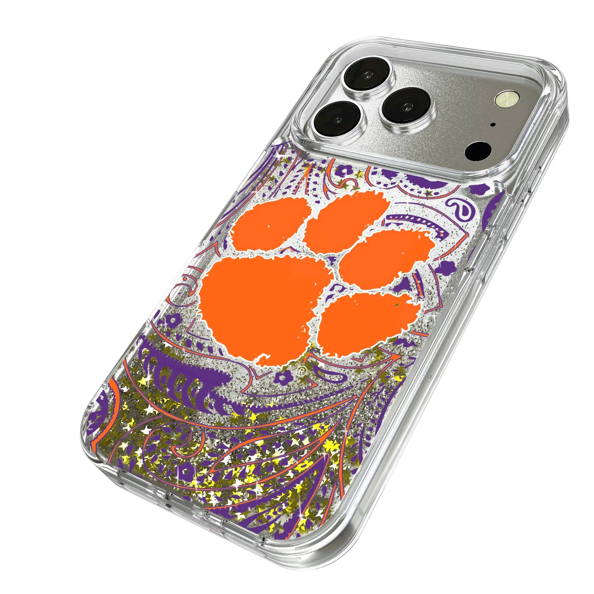 Alt View 1. Keyscaper - Clemson Tigers iPhone Glitter Paisley Design Case - 16 Pro Max - Multicolor.