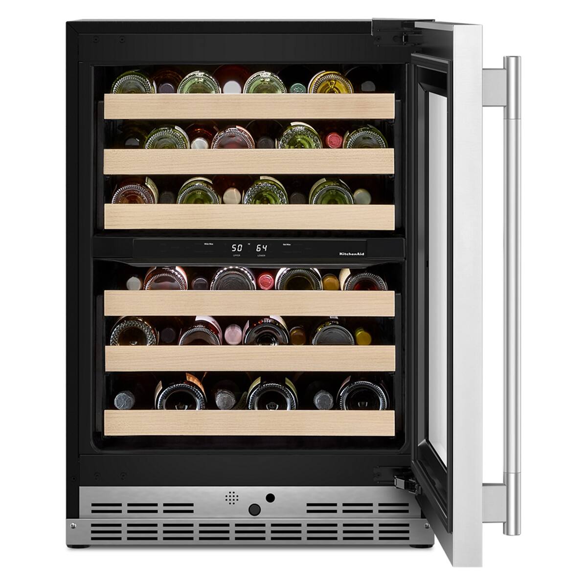 Angle. KitchenAid - 24" Beverage Center with Glass Door and Wood-Front Racks - PrintShield Stainless Finish.