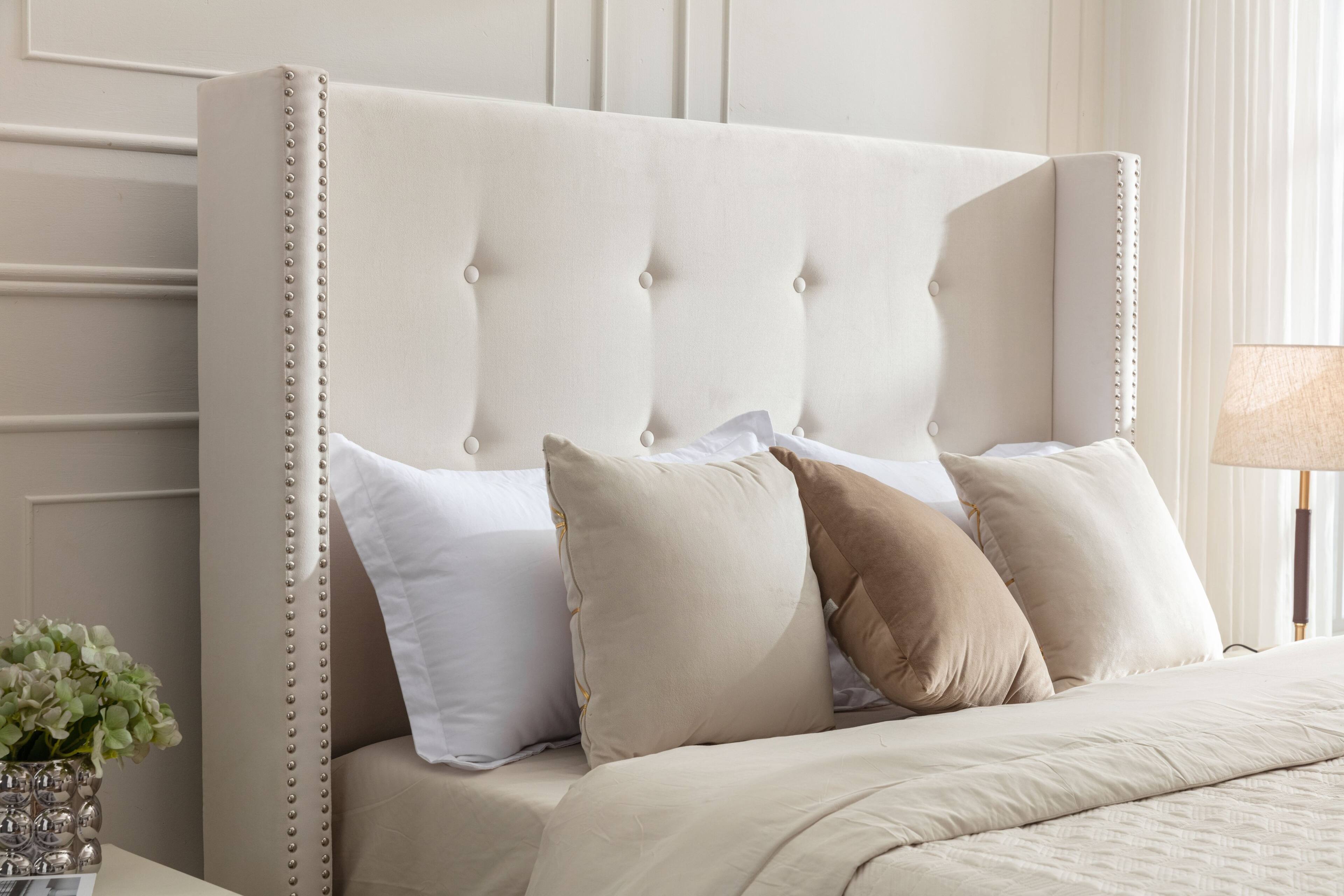 Alt View 2. LUCKY ONE - Queen Size Upholstered Bed Frame with High Wingback Headboard - Ivory.