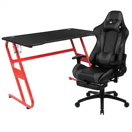 Emma + Oliver - Desk Bundle-Gaming Desk, Cup Holder, Headphone Hook and Reclining Chair - Gray