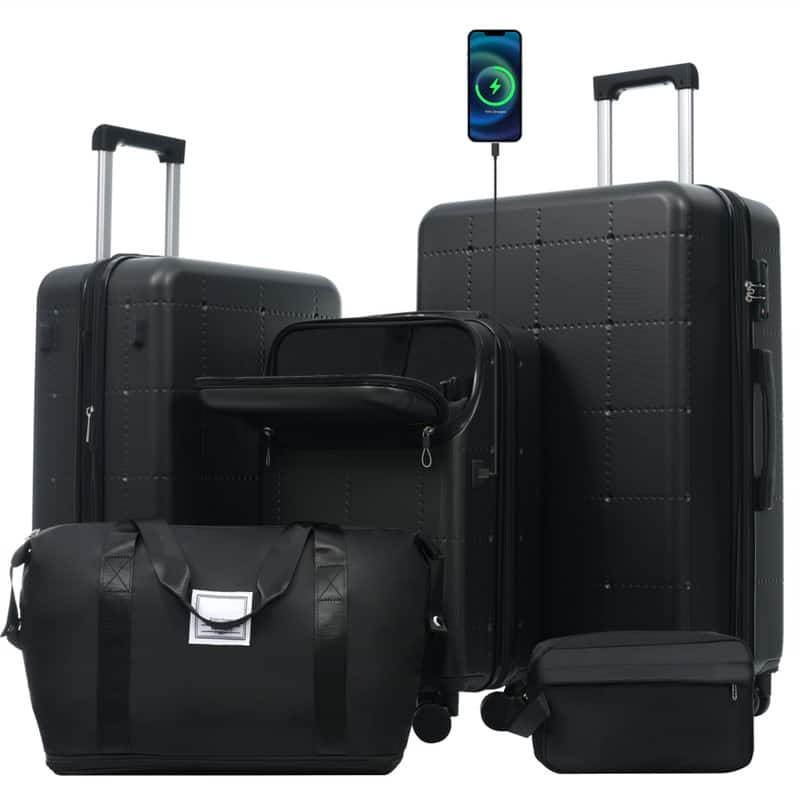 HTUTWOO - Hardside Luggage - 5 Piece with Bags -20" Half-opening Carry on with USB Port,Expandable 24"/28",Spinner Wheels,TSA Lock - Black