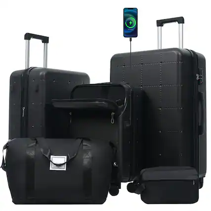 Front. HTUTWOO - Hardside Luggage - 5 Piece with Bags -20" Half-opening Carry on with USB Port,Expandable 24"/28",Spinner Wheels,TSA Lock - Black.