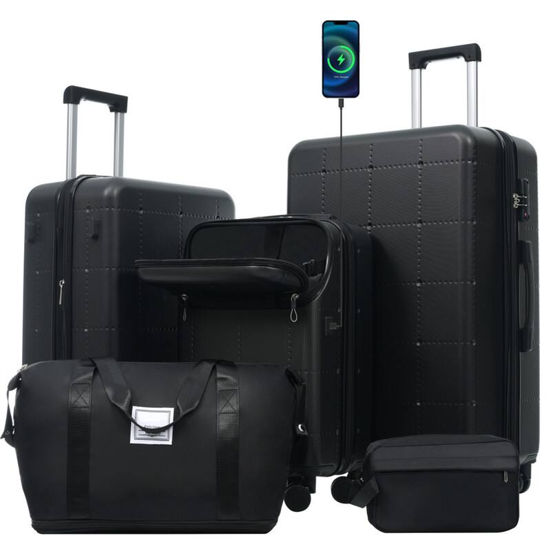 Front. HTUTWOO - Hardside Luggage - 5 Piece with Bags -20" Half-opening Carry on with USB Port,Expandable 24"/28",Spinner Wheels,TSA Lock - Black.