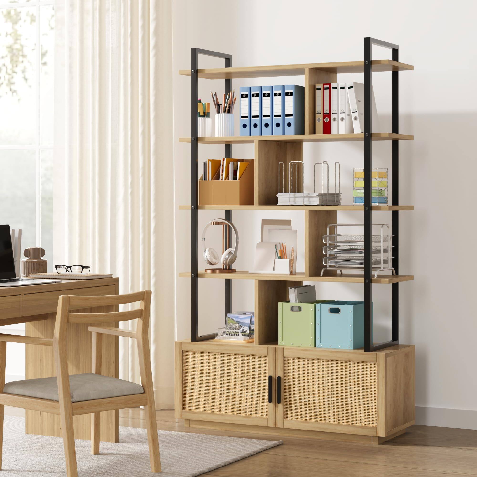 Alt View 1. Babevy - 5-Tier Rattan Bookshelf with Storage Cabinet, 71" Industrial Wood & Metal Bookcase with Doors and Open Shelves - Oak.