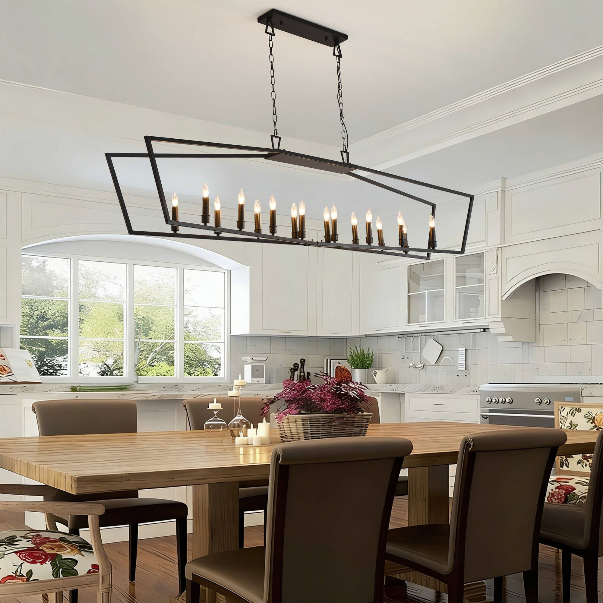 Angle. RYHNUYNE - 16-Light Kitchen Island Linear Chandelier, Large Farmhouse Chandelier for Dining Room, Industrial Pendant Light Fixture - Black.
