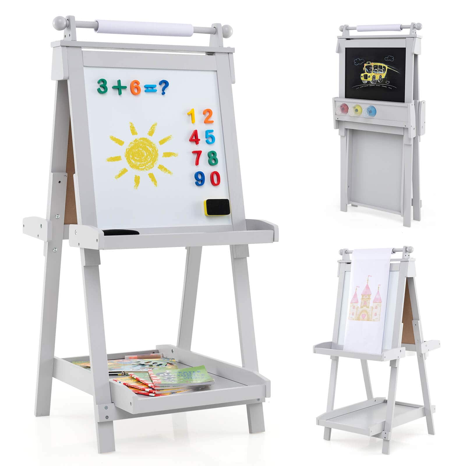 Front. Costway - Costway Foldable Easel for Kids 3-in-1 Double-sided Art Easel with Chalkboard - Gray.