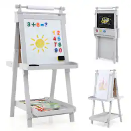 Costway - Foldable Easel for Kids 3-in-1 Double-sided Art Easel with Chalkboard - Gray