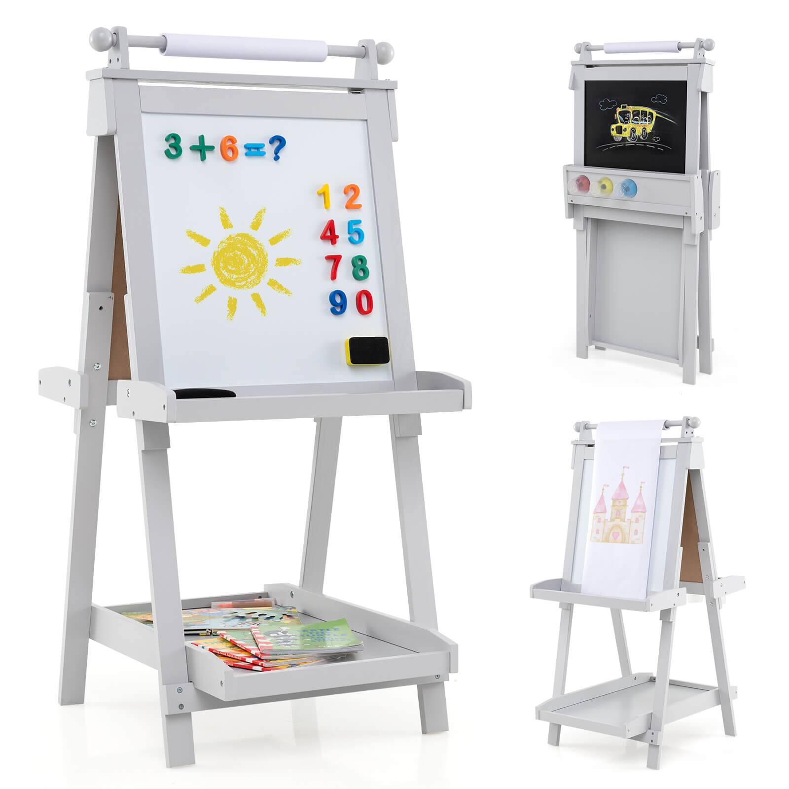 Front. Costway - Costway Foldable Easel for Kids 3-in-1 Double-sided Art Easel with Chalkboard - Gray.