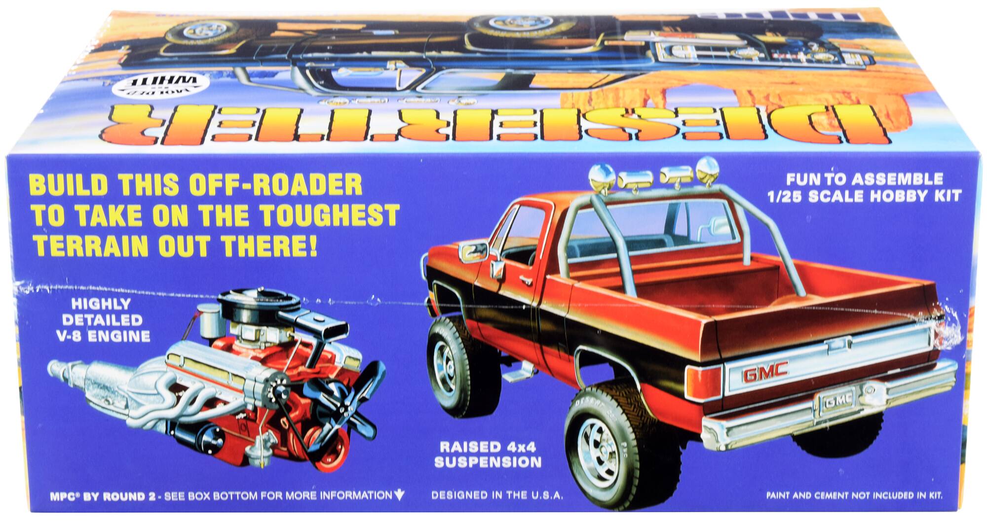 Sure, here is the corrected and grouped text from the image:

---

**GMC**

**BUILD THIS OFF-ROADER TO TAKE ON THE TOUGHEST TERRAIN OUT THERE!**

- HIGHLY DETAILED V-8 ENGINE
- RAISED 4x4 SUSPENSION

**FUN TO ASSEMBLE 1/25 SCALE HOBBY KIT**

- MPC BY ROUND 2 - SEE BOX BOTTOM FOR MORE INFORMATION
- DESIGNED IN THE U.S.A.
- PAINT AND CEMENT NOT INCLUDED IN KIT

---

This text is organized to reflect the information on the box as it appears.