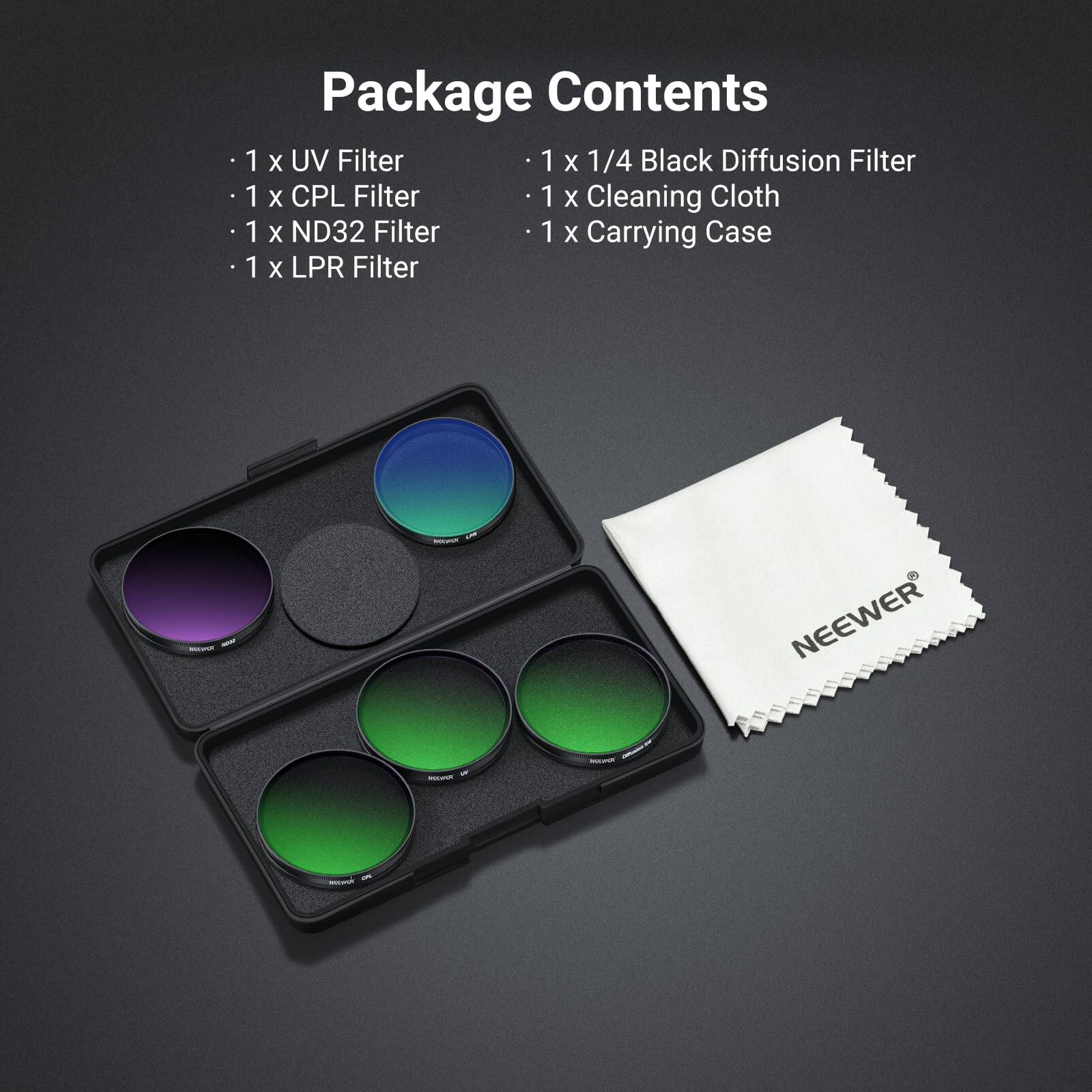 Package Contents

- 1 x UV Filter
- 1 x CPL Filter
- 1 x ND32 Filter
- 1 x LPR Filter
- 1 x 1/4 Black Diffusion Filter
- 1 x Cleaning Cloth
- 1 x Carrying Case