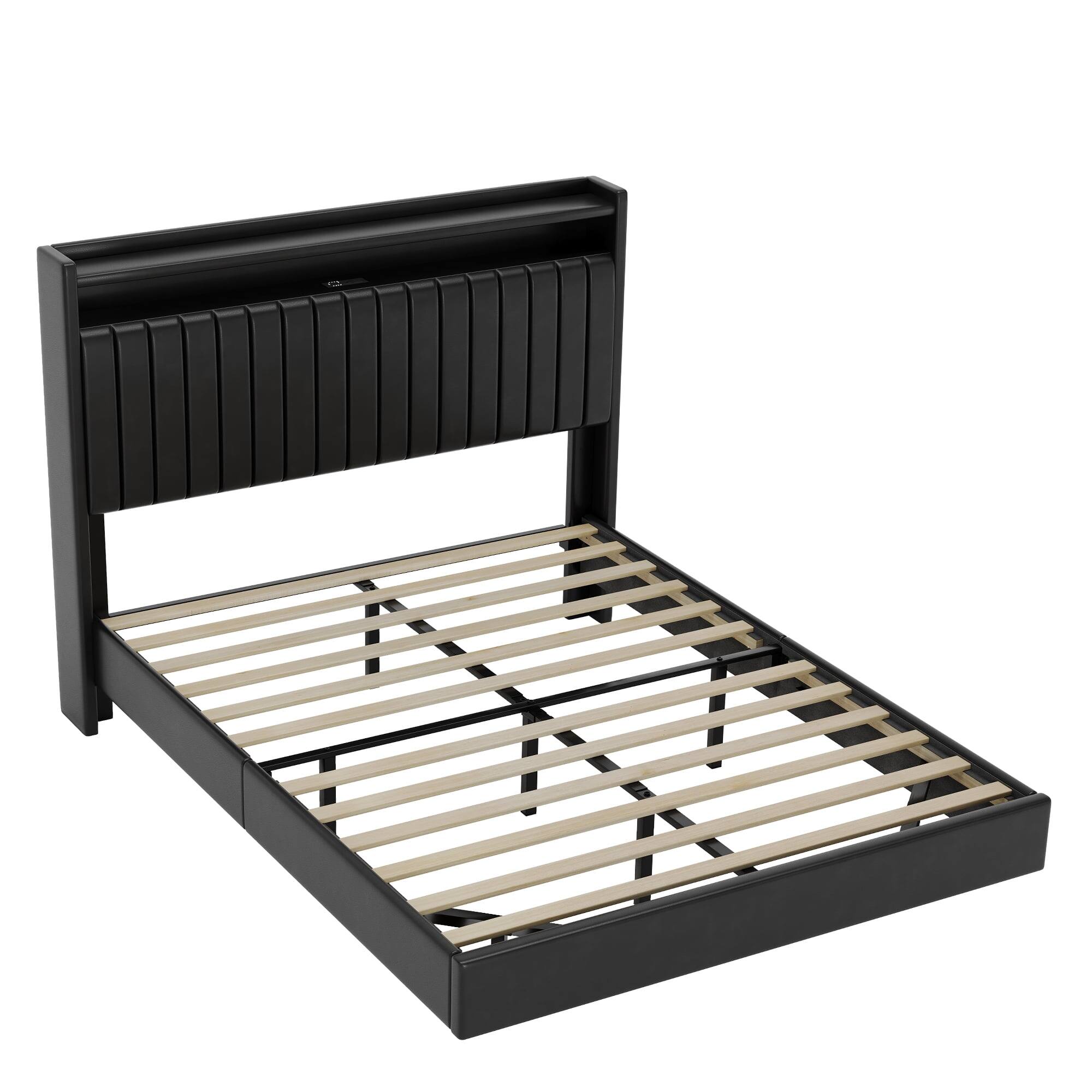 Front. GARVEE - Floating Bed Frame Full Size Black RGB LED Lights Leather Storage Headboard - Black Full.