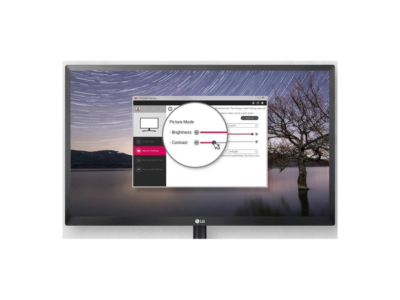 Sure, here is the corrected text:

"Picture Mode
- Brightness
- Contrast

Monitor Settings
- My Application Panel
- Camera mode settings

Picture Mode
- Brightness
- Contrast

Landscape
Portrait

LG"