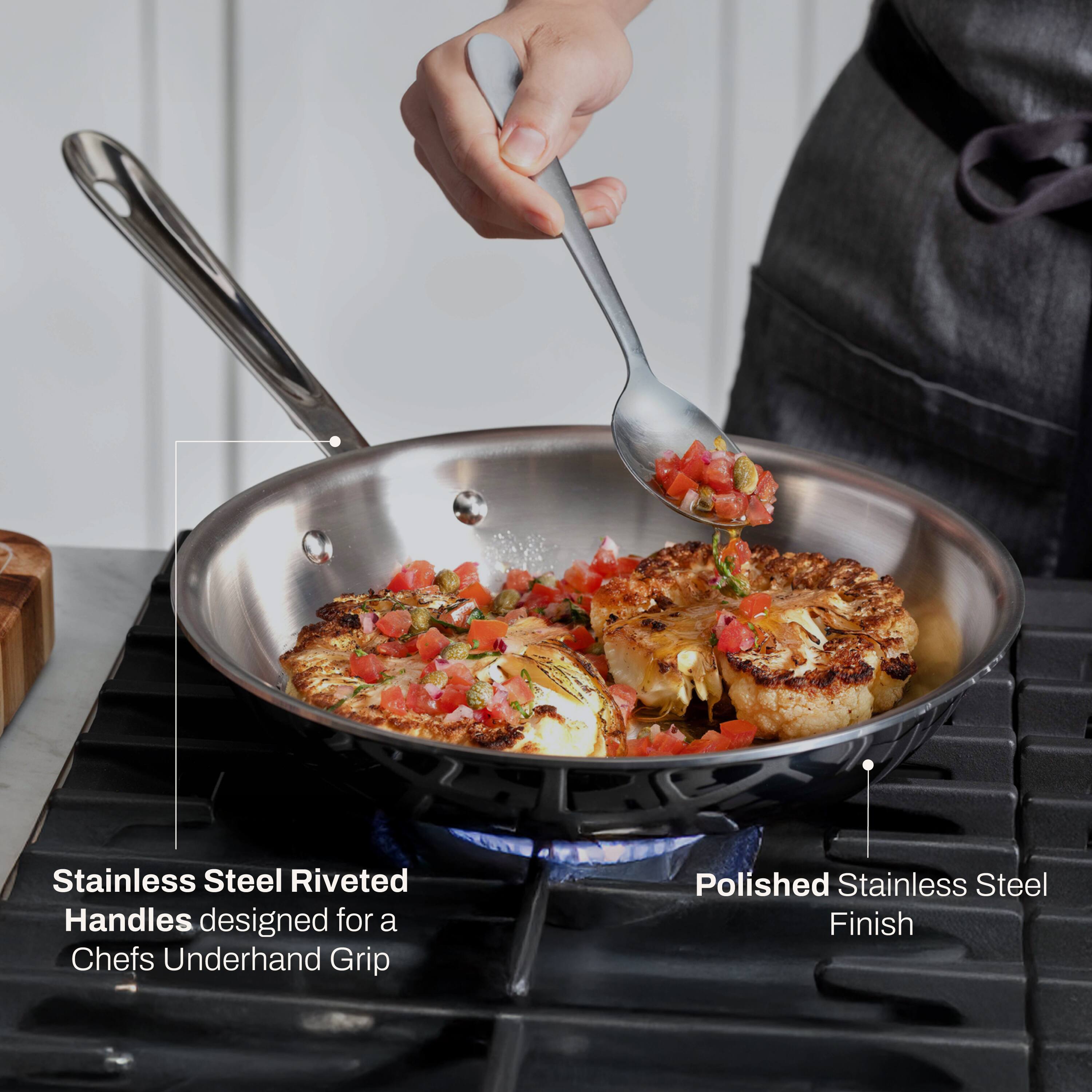 Stainless Steel Riveted Handles designed for a Chef's Underhand Grip  
Polished Stainless Steel Finish