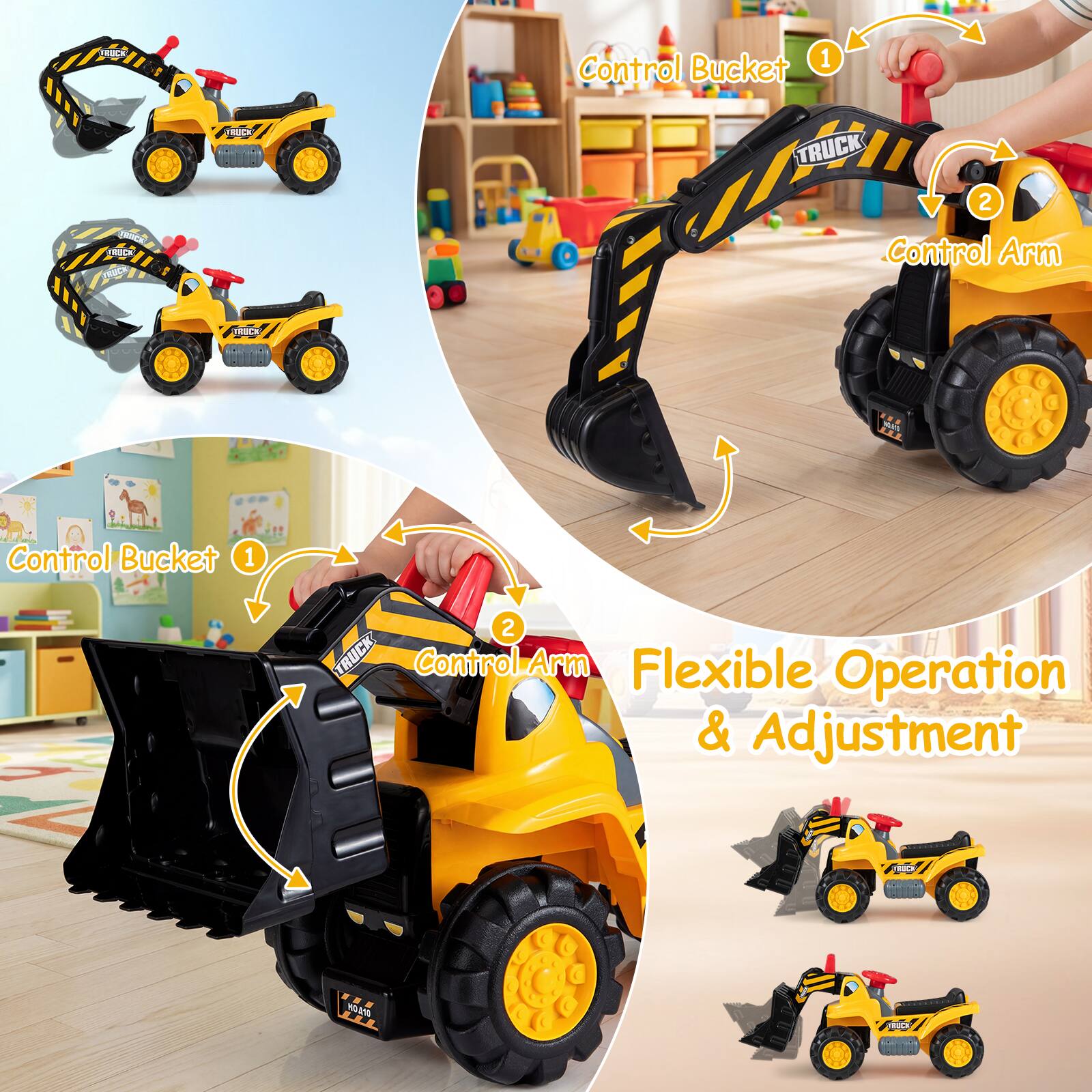 ROCK Control Bucket 1 RUCE TRUCK 2 ERNCE TR0KA Control Arm FRISCH MA E . Control Bucket 1 2 TRUCK Control Arm Flexible Operation & Adjustment