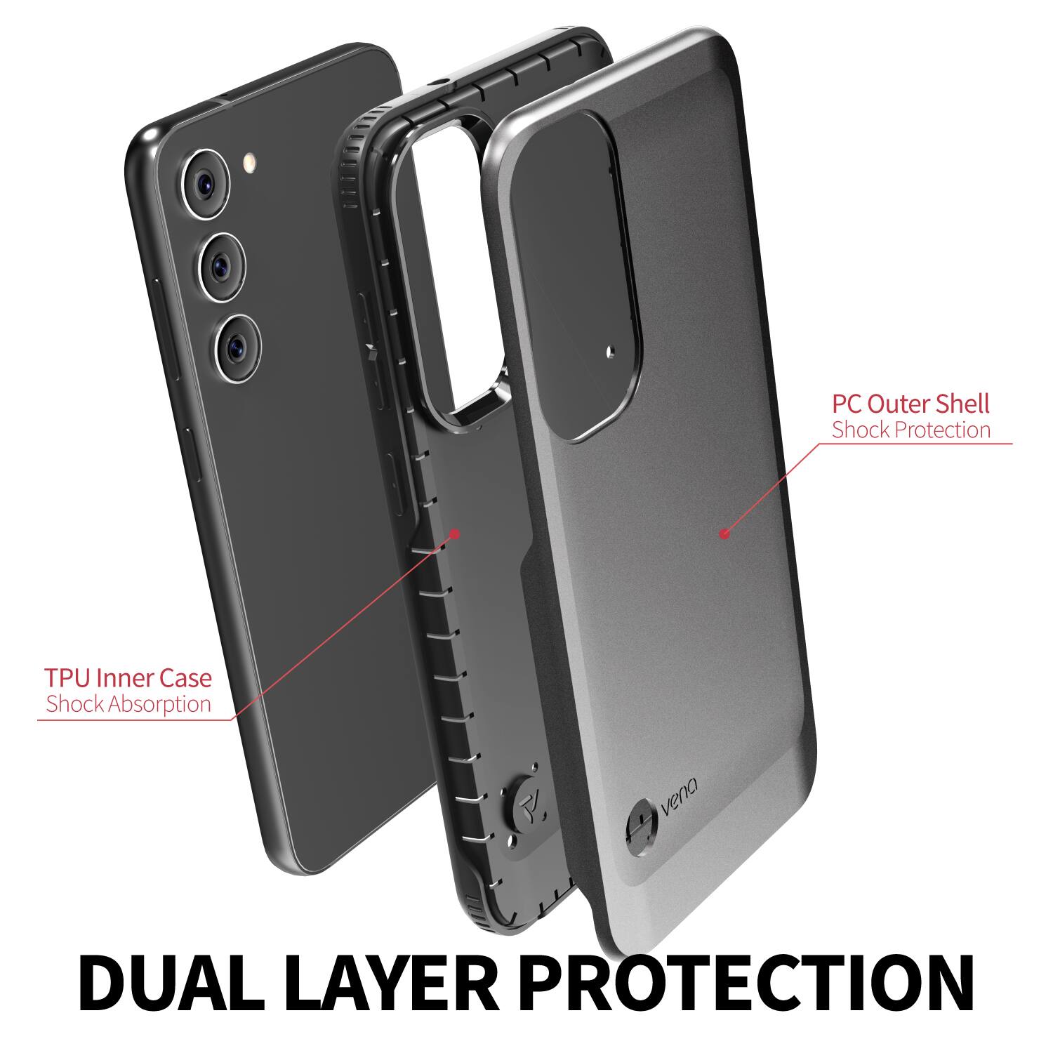 DUAL LAYER PROTECTION
PC Outer Shell Shock Protection
TPU Inner Case Shock Absorption
veno
