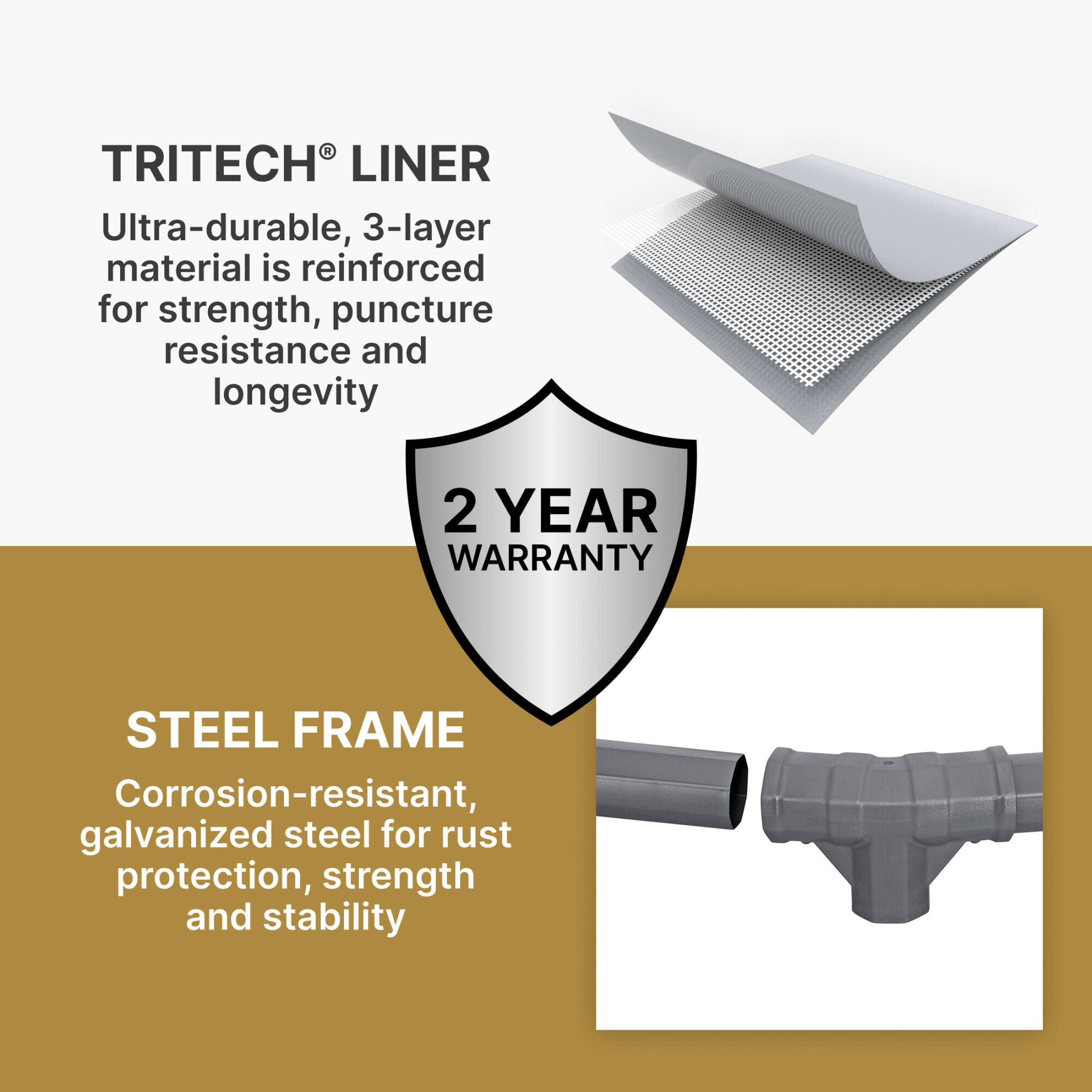 **TRITECH® LINER**  
Ultra-durable, 3-layer material is reinforced for strength, puncture resistance and longevity

**2 YEAR WARRANTY**

**STEEL FRAME**  
Corrosion-resistant, galvanized steel for rust protection, strength and stability