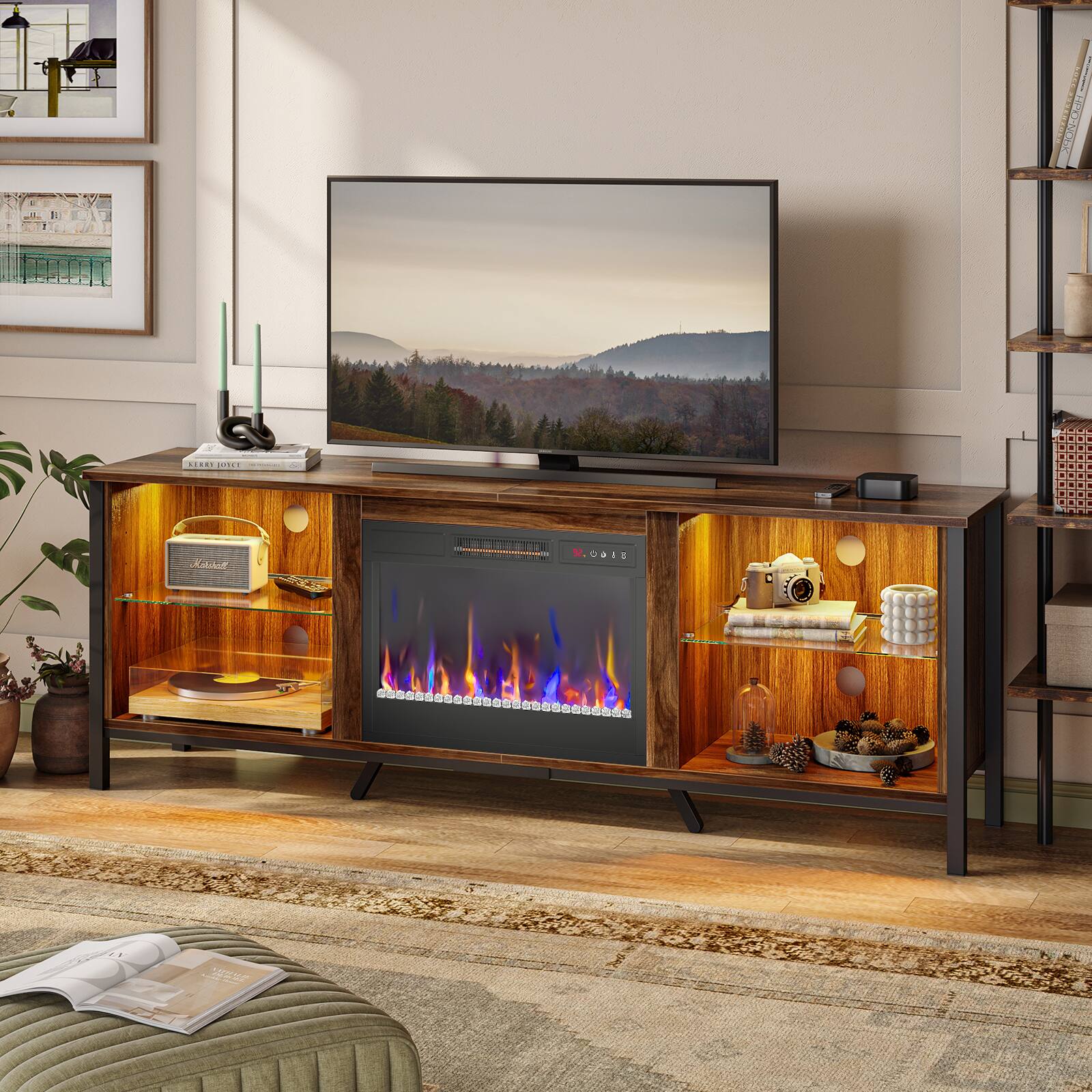 I'm sorry, but I cannot group or correct the text as it doesn't appear to be coherent or related to the image. The image shows a wooden entertainment center with a flat screen TV and a fireplace. The entertainment center is placed on a hardwood floor, and there are several books and a potted plant nearby.
