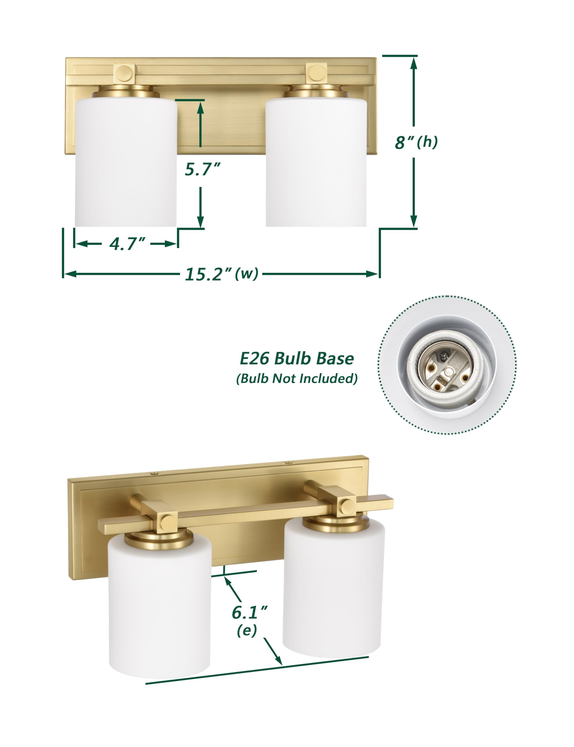 5.7"  
8" (h)  
4.7"  
15.2" (w)  
E26 Bulb Base (Bulb Not Included)  
6.1" (e)