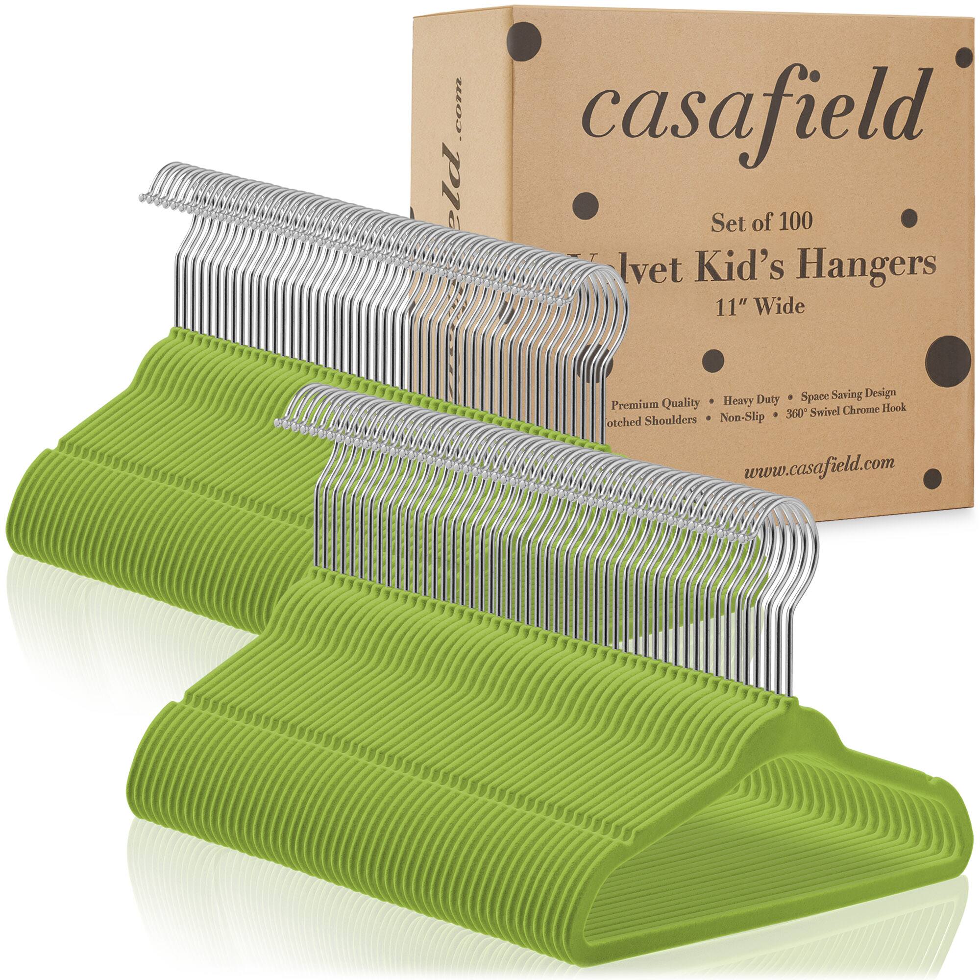 casafield Set of 100 lvet Kid's Hangers 11" Wide Space Saving Design Premium Quality Heavy Duty Swivel Chrome Hook Non-Slip 360° Swivel Shoulders www.casafield.com
