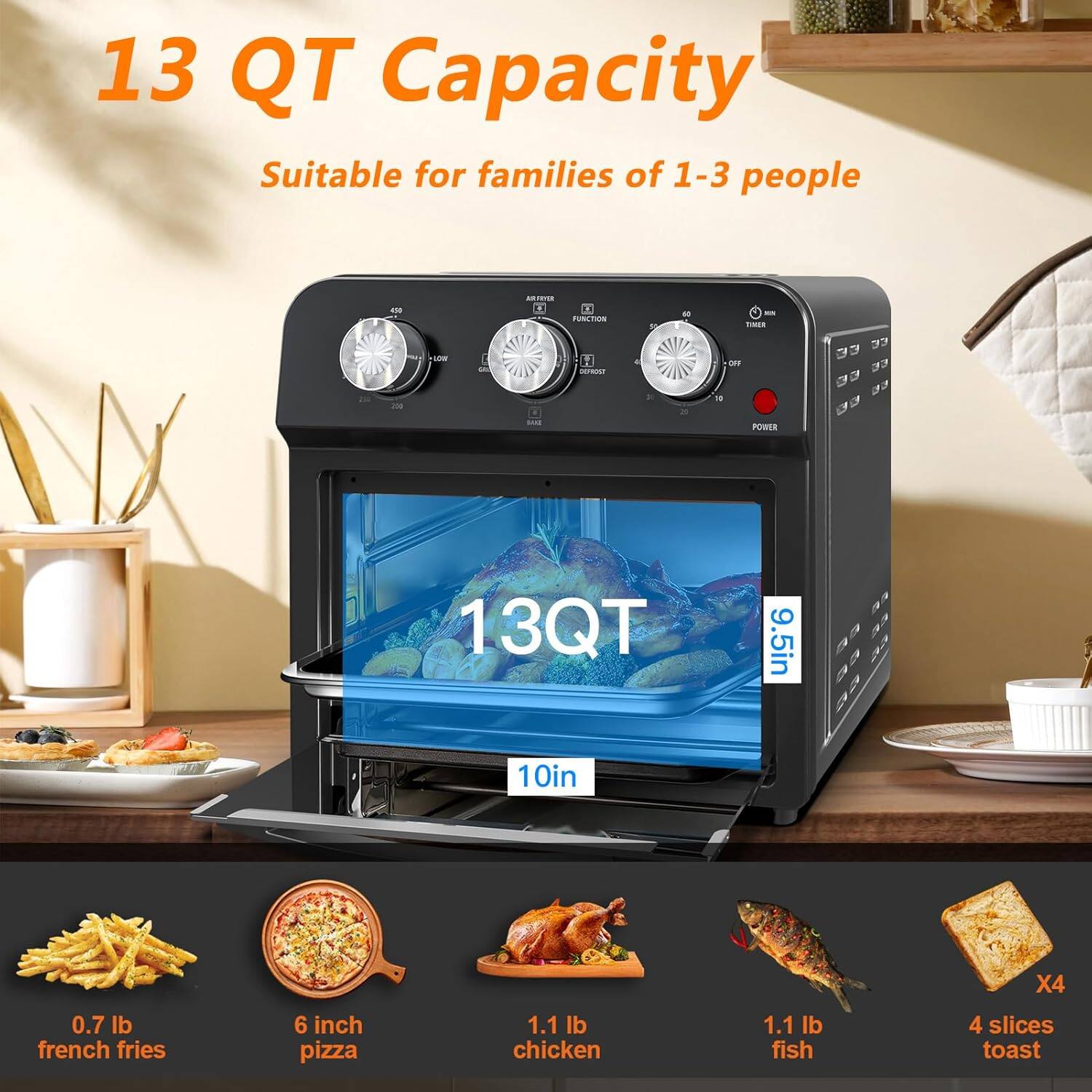 13 QT Capacity Suitable for families of 1-3 people. 

- 0.7 lb french fries
- 6 inch pizza
- 1.1 lb chicken
- 1.1 lb fish
- 4 slices toast