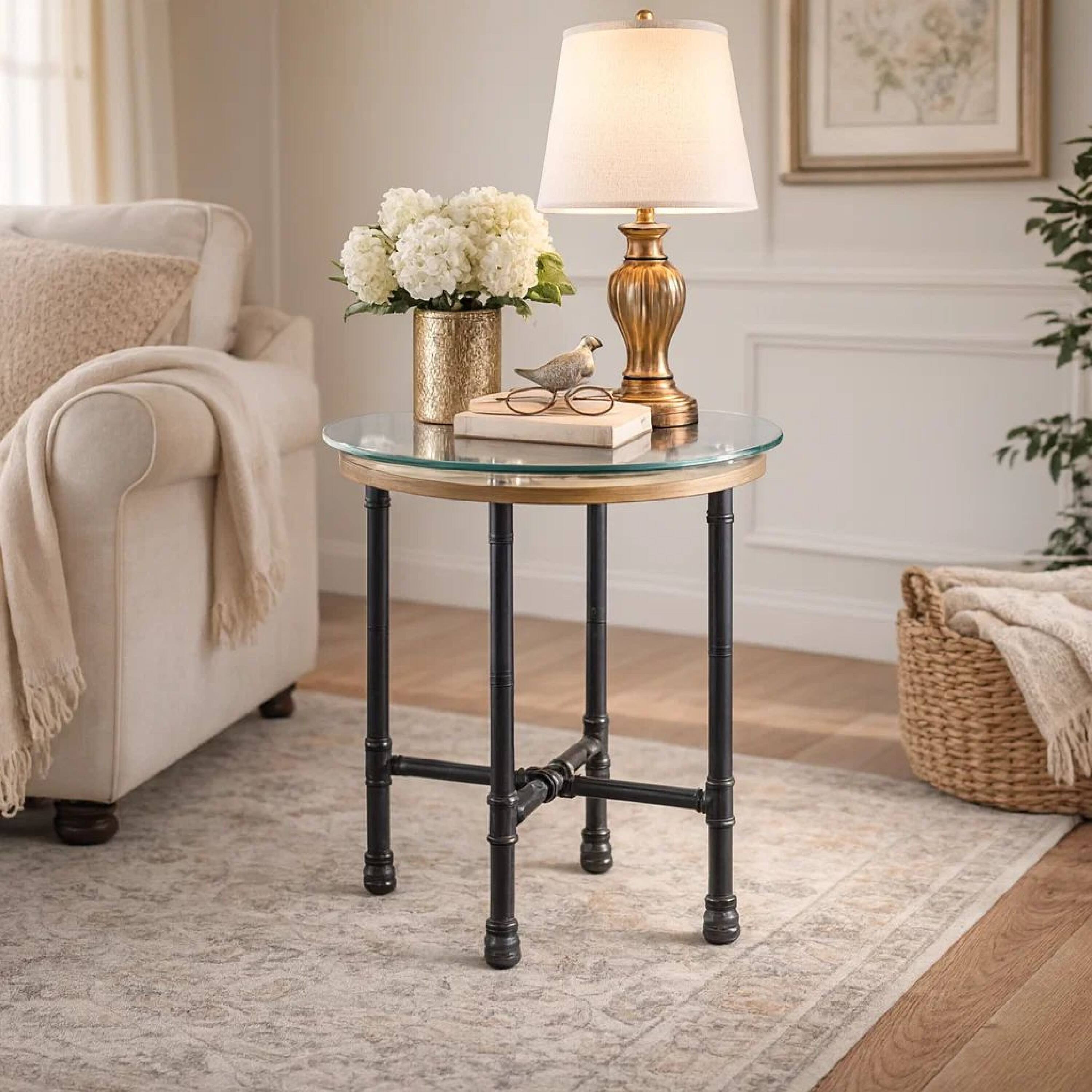 Alt View 7. Manhattan Lane - End Table with Round Glass Top and Metal Pipe Style Legs - Gray.