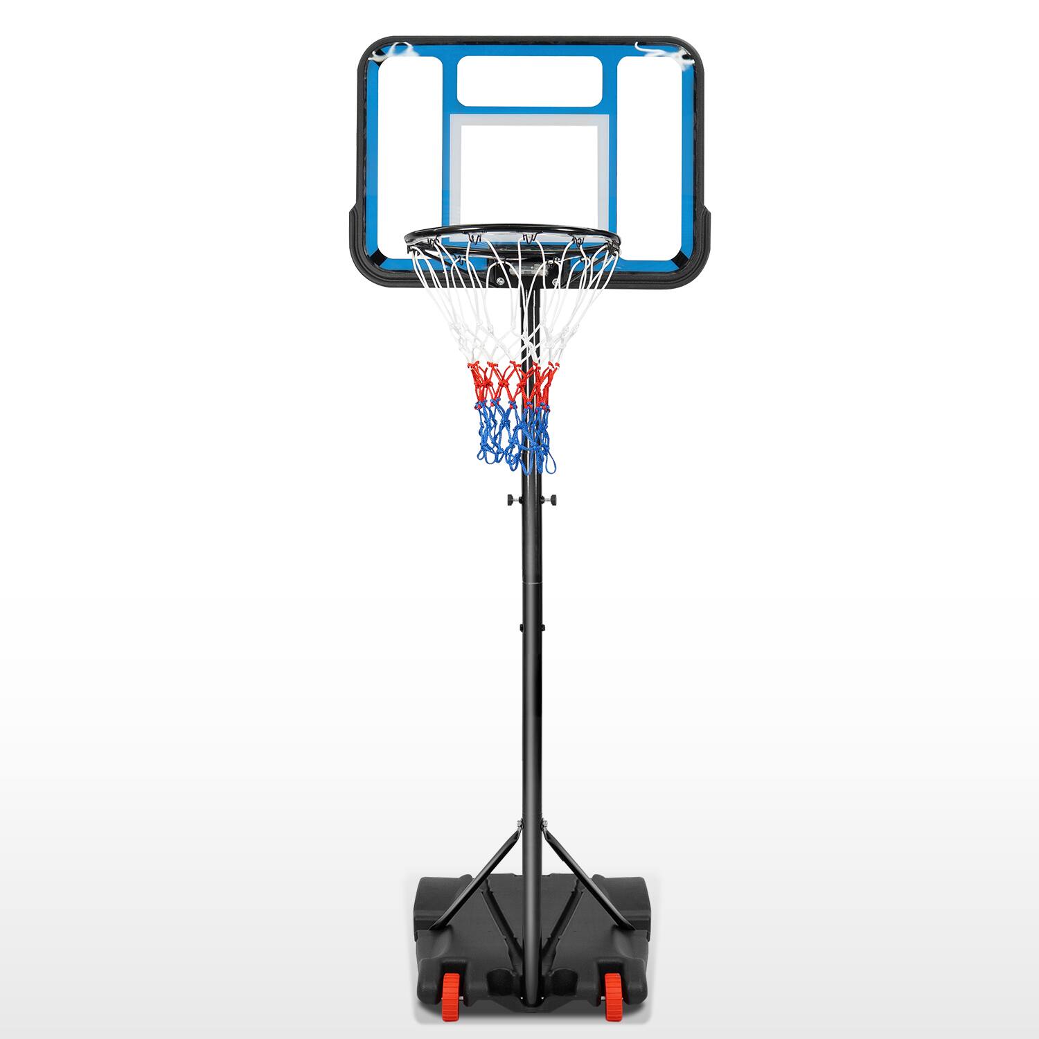 Angle. SPOYNAL - Height-Adjustable Basketball Hoop, Portable Backboard Set w/ 2 Wheels, Fillable Base - BLUE.