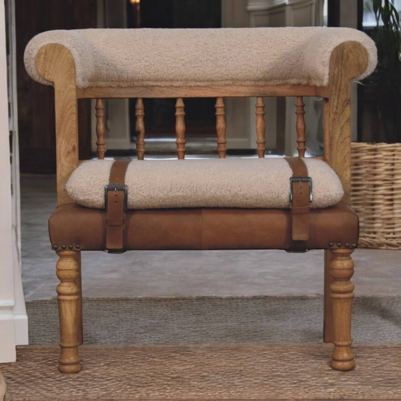 Alt View 6. Artisan Furniture - Artisan Furniture Solid Wood Strapped Hallway Boucle Bench, Upholstered, Brown & Cream - Brown & Cream.