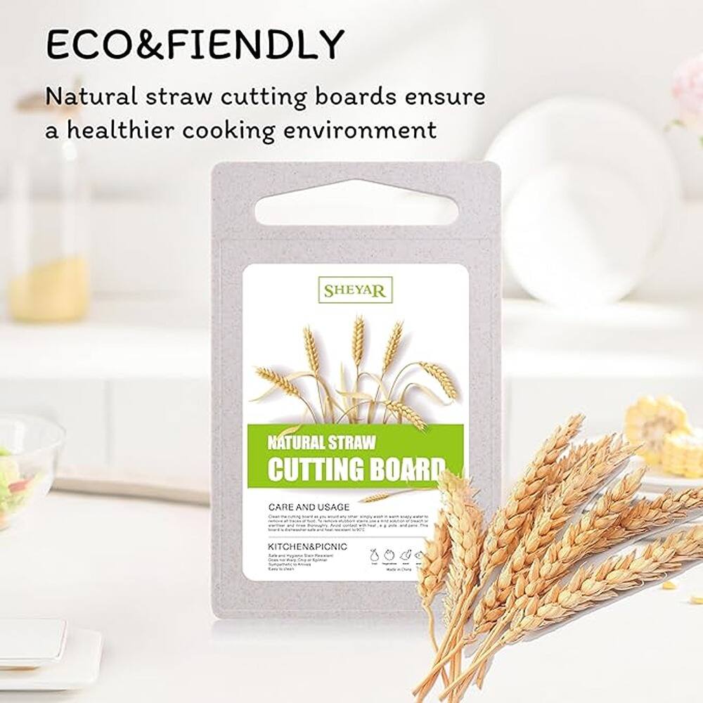 ECO&FIENDLY  
Natural straw cutting boards ensure a healthier cooking environment  

SHEYAR NATURAL STRAW CUTTING BOARD  

CARE AND USAGE  
- Hand wash with mild soap and water.  
- Do not soak or use abrasive cleaners.  
- Dry thoroughly after washing.  

KITCHEN&PICNIC  
- Safe for cutting fruits, vegetables, and bread.  
- Perfect for outdoor use.  
- Easy to clean and maintain.