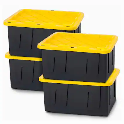 Front. Homz - Homz 15 Gallon Durabilt Storage Container with Snap Lid, Black/Yellow (4 Pack) - Black Base/Yellow Lid.