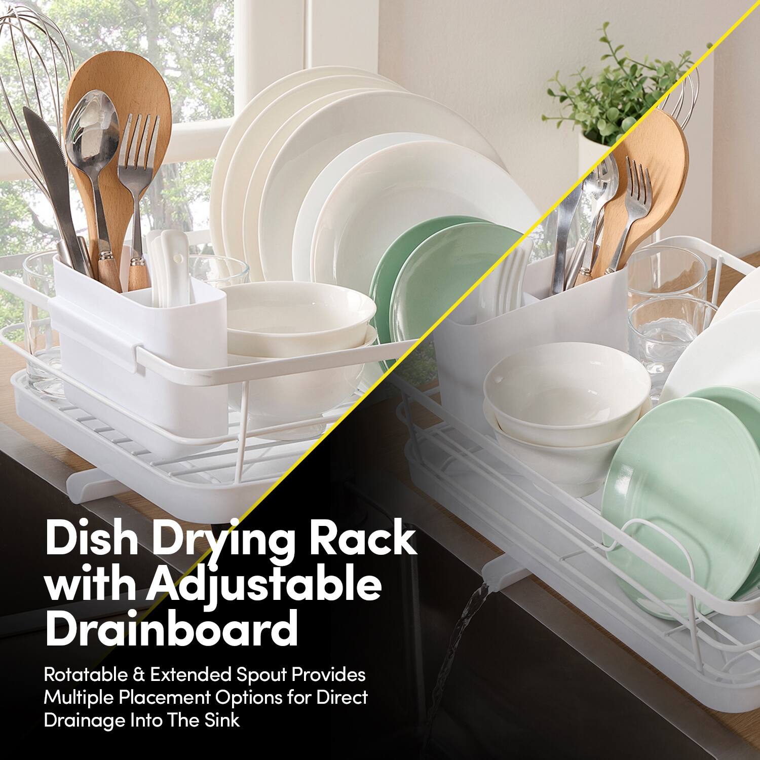Dish Drying Rack with Adjustable Drainboard

Rotatable & Extended Spout Provides Multiple Placement Options for Direct Drainage Into The Sink