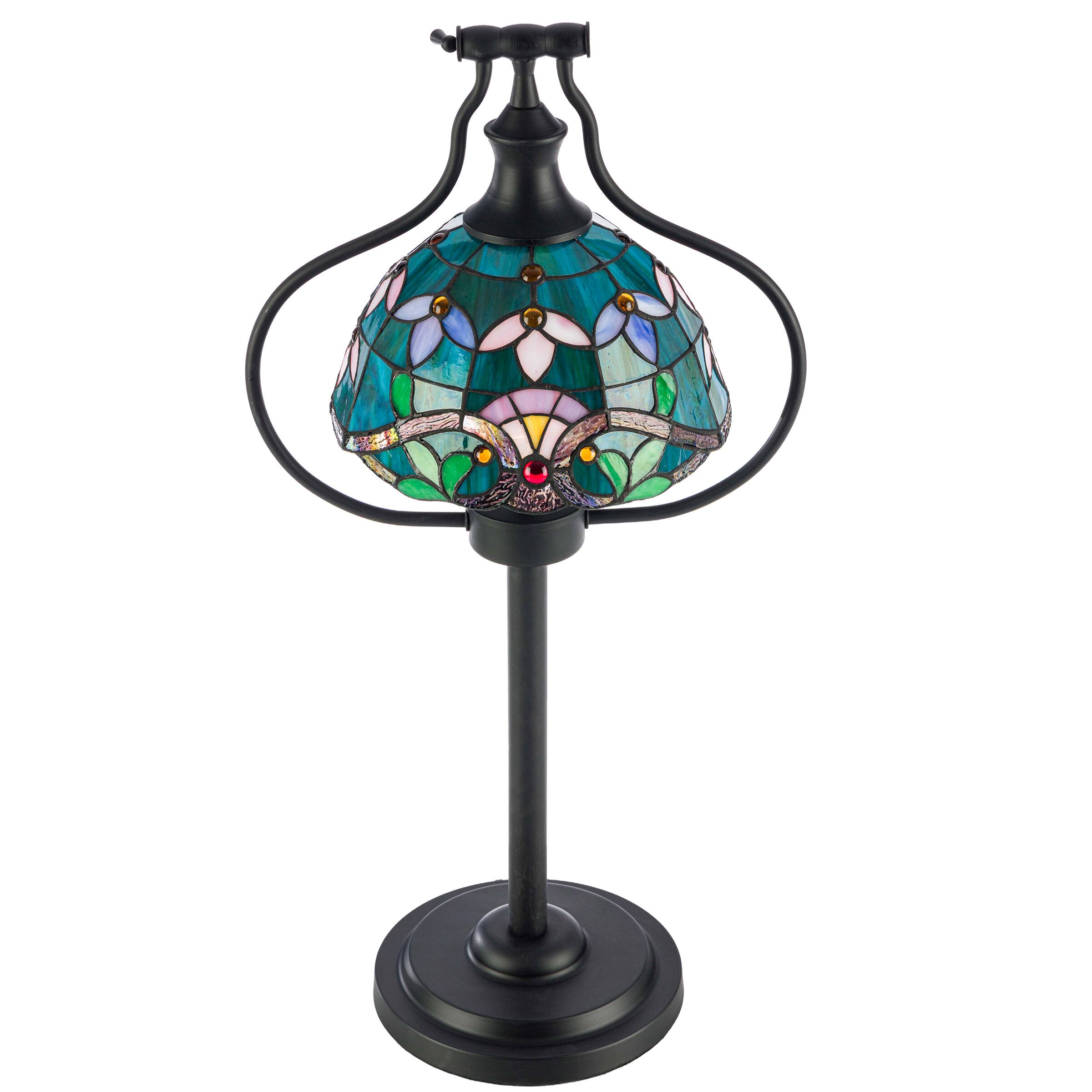 Front. Lavish Home - Lavish Home Tiffany Style Table Lamp with Stained Glass Shade, Bronze - Blue.