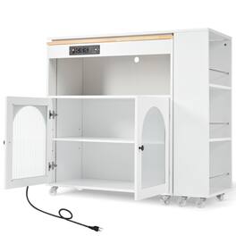 Spaco - Rolling Kitchen Island Cart with LED, Power Outlets, Extendable Table, 2 Glass Door, 3 Shelf Storage - White
