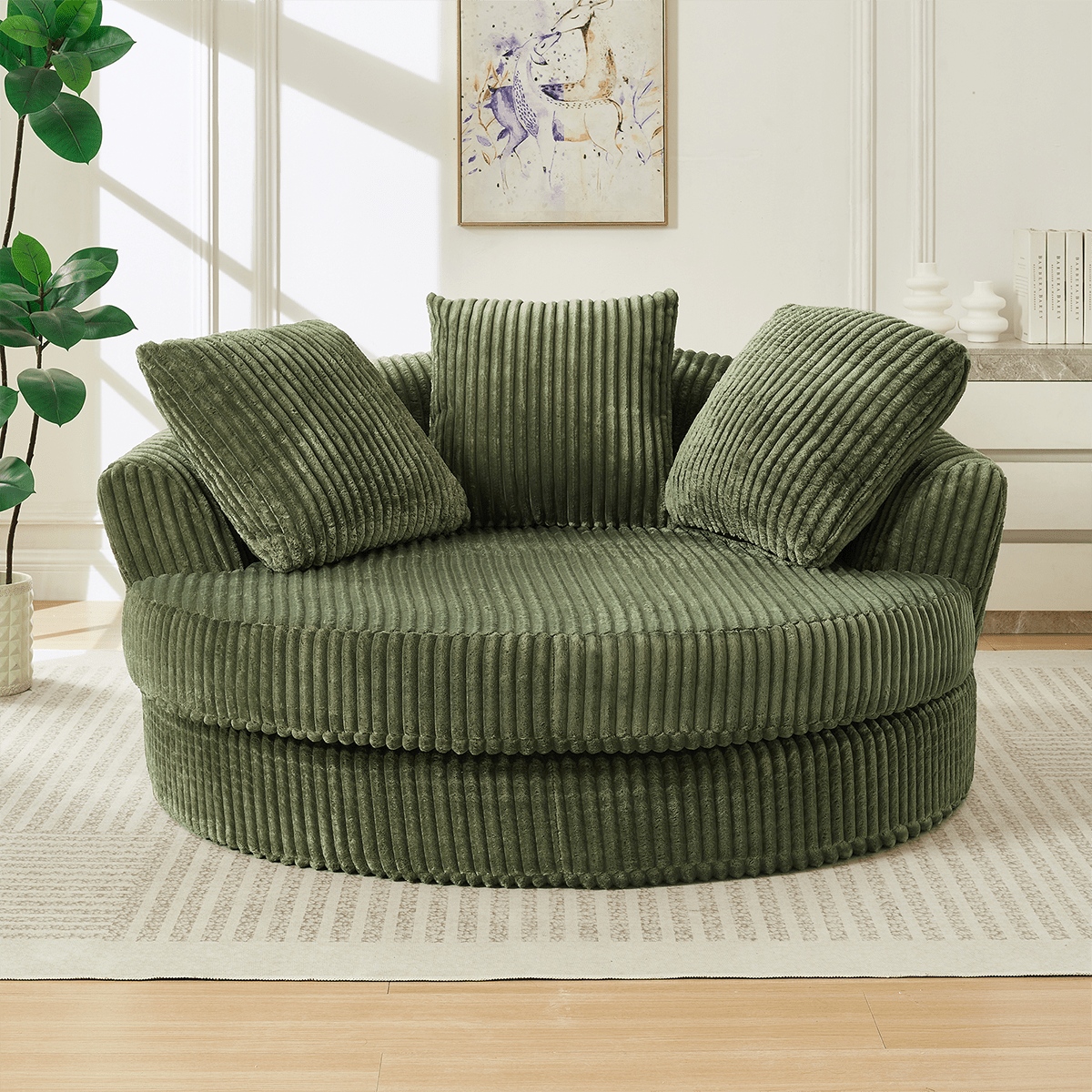 Front. Trinkets Crazed - 60-Inch Oversized Round Chaise Longue Chair Indoor,Modern Upholstered Corduroy Deep Seat Single Cloud Floor Sofa Chair - Green.