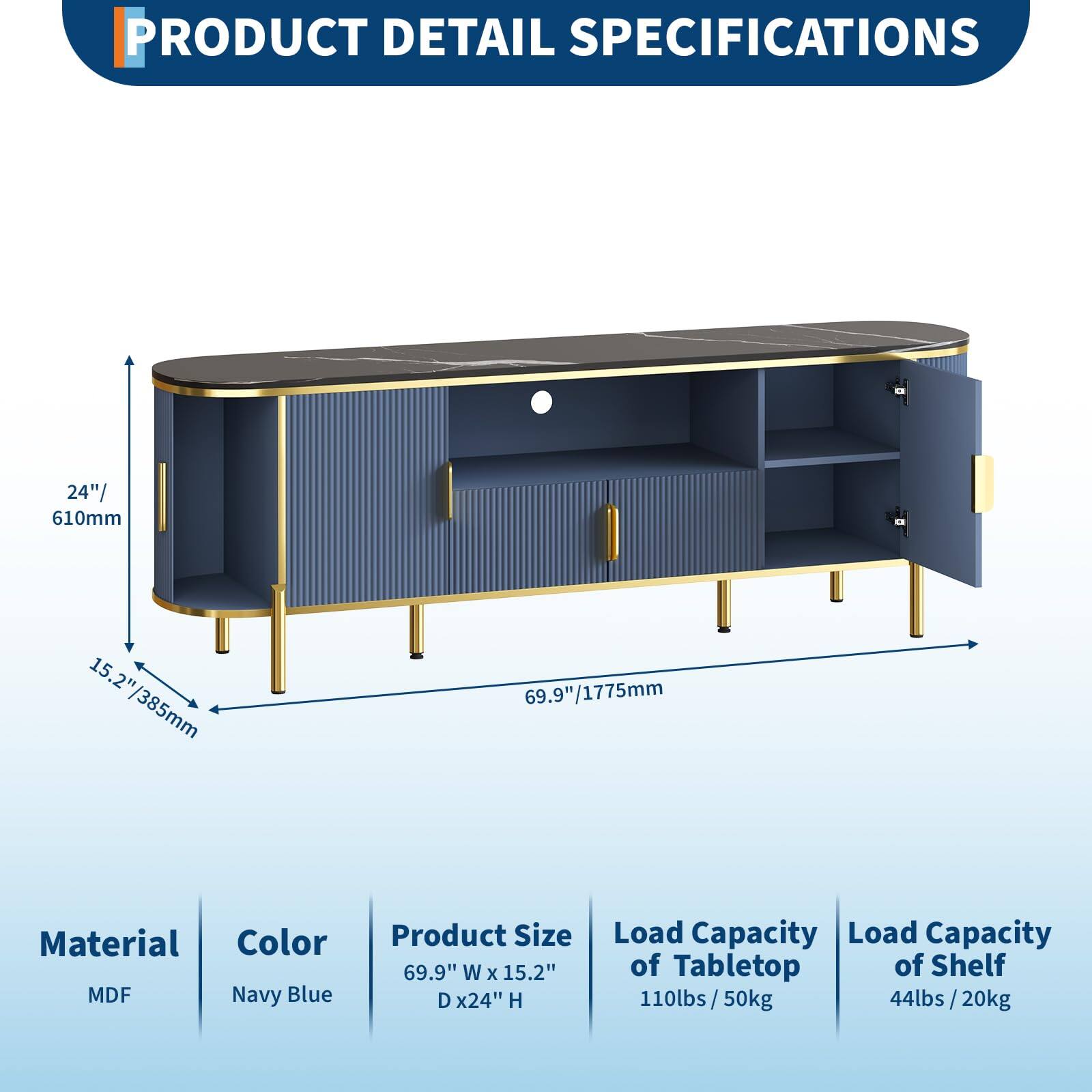 **PRODUCT DETAIL SPECIFICATIONS**

- **Material:** MDF
- **Color:** Navy Blue
- **Product Size:** 69.9" W x 15.2" D x 24" H
- **Load Capacity of Tabletop:** 110lbs / 50kg
- **Load Capacity of Shelf:** 44lbs / 20kg

**Dimensions:**
- Height: 24" / 610mm
- Depth: 15.2" / 385mm
- Width: 69.9" / 1775mm
