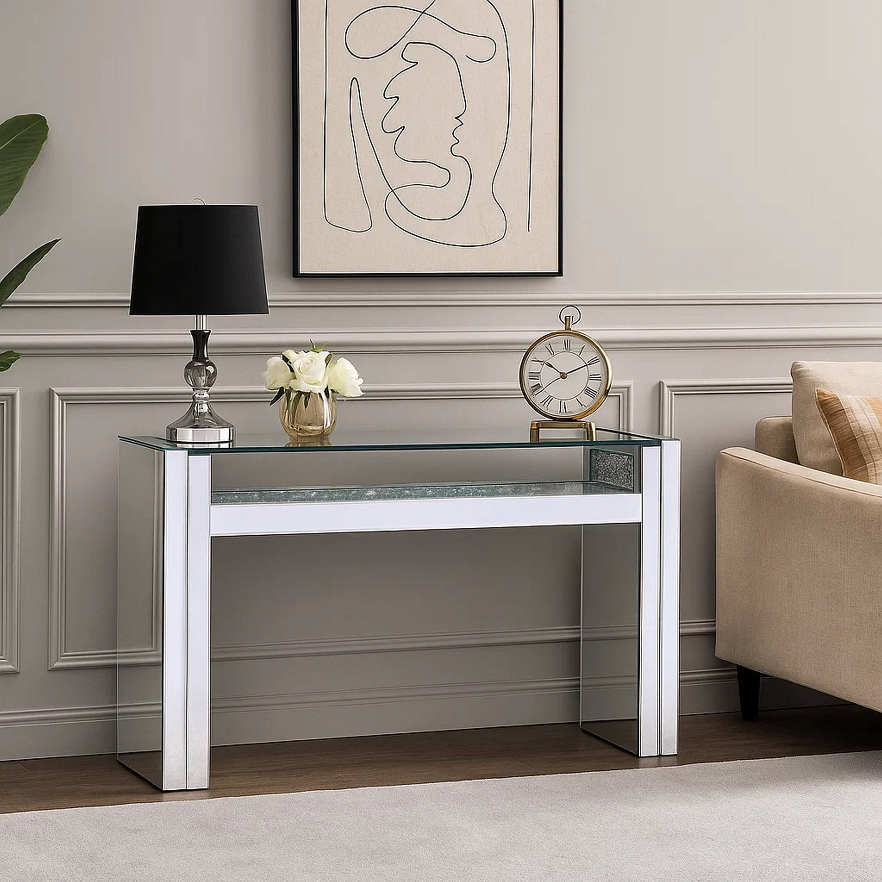 Alt View 6. Manhattan Lane - Wood and Mirror Sofa Table with Studded Faux Crystals, Clear - Clear.