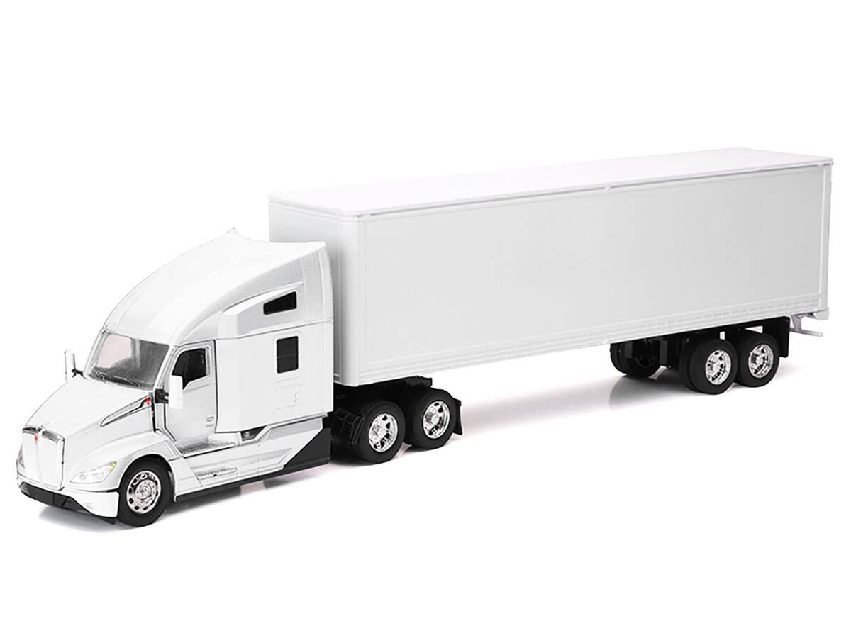 Angle. New Ray - Kenworth T680 Truck White with Dry Van Trailer White "Long Haul Trucker" Series 1/32 Diecast Model by New Ray - White.