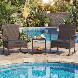 Costway - 3 Piece Patio Rocking Bistro Set, 2 Rattan Armchairs with 2-Tier Side Table - Mix Brown + Gray