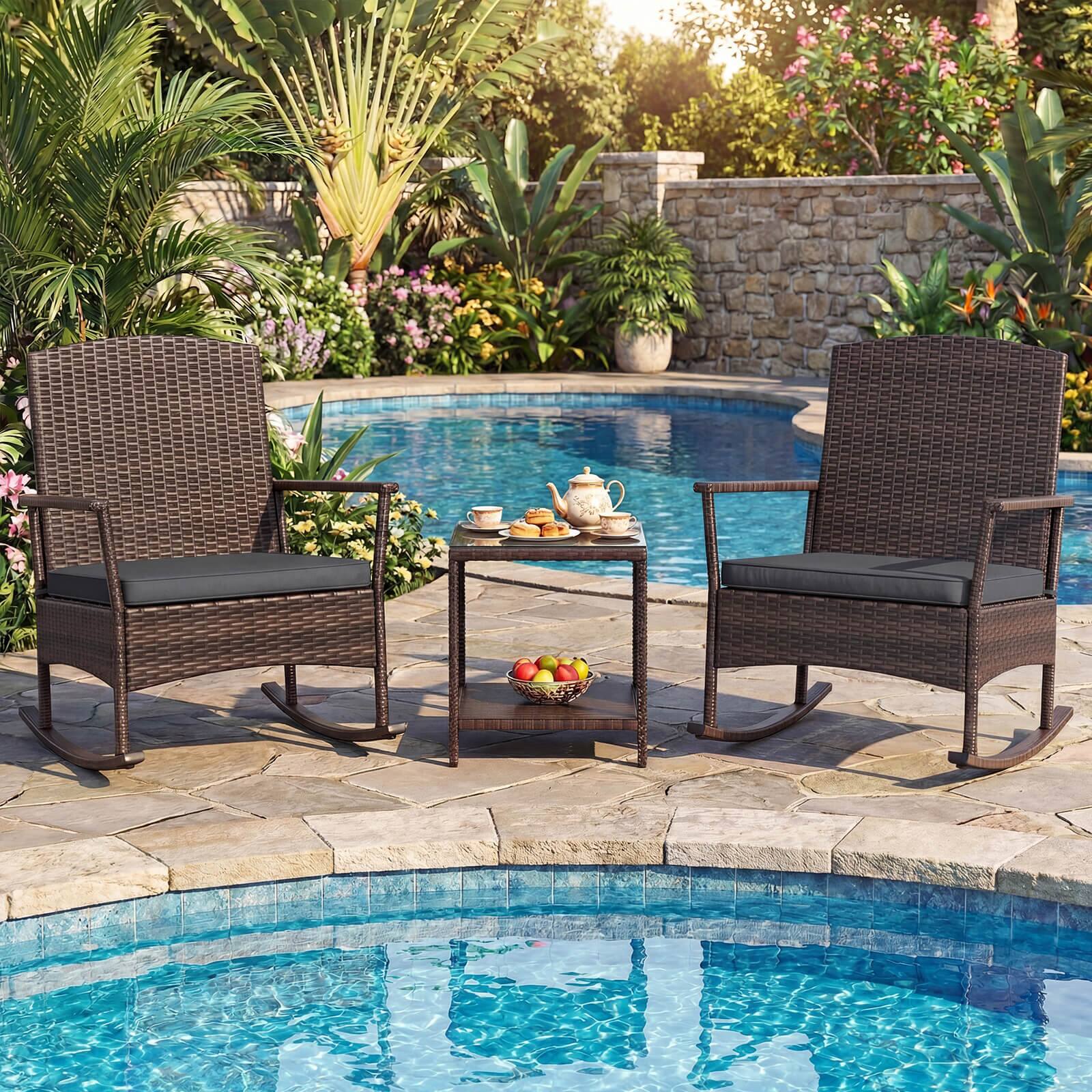 Alt View 3. Costway - Costway 3 Piece Patio Rocking Bistro Set, 2 Rattan Armchairs with 2-Tier Side Table - Mix Brown + Gray.