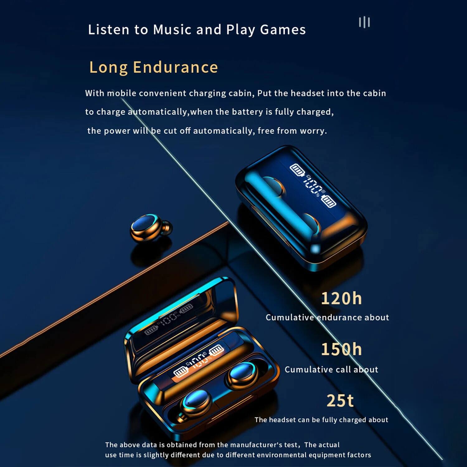 Listen to Music and Play Games

Long Endurance

With mobile convenient charging cabin, Put the headset into the cabin to charge automatically, when the battery is fully charged, the power will be cut off automatically, free from worry.

120h  
Cumulative endurance about

150h  
Cumulative call about

25t  
The headset can be fully charged about

The above data is obtained from the manufacturer's test, The actual use time is slightly different due to different environmental equipment factors