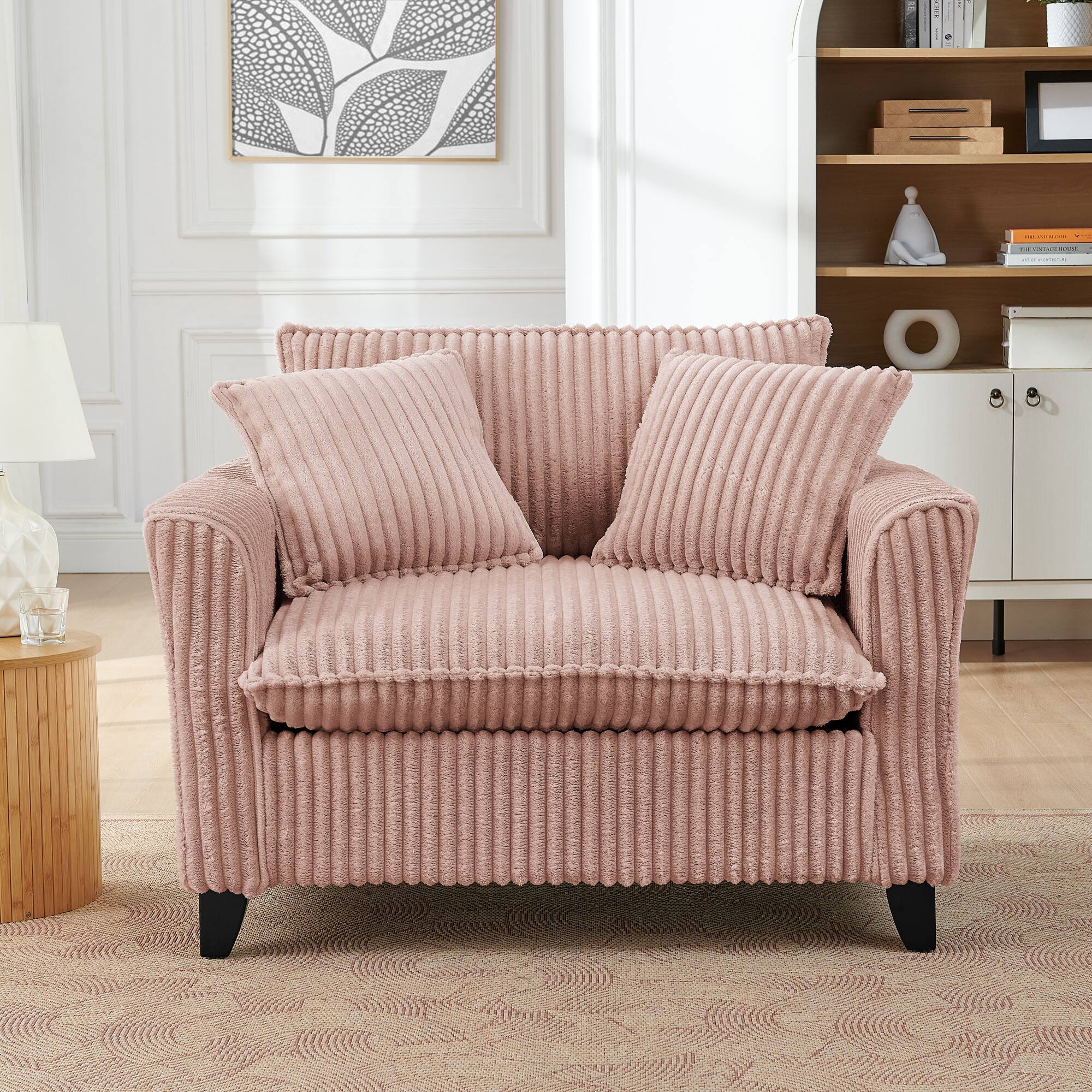 Angle. Trinkets Crazed - Wide Accent Armchair with Pillows,Corduroy Oversized Single Sofa, Chair and a Half with Wide Armrest for Living Room - Pink.