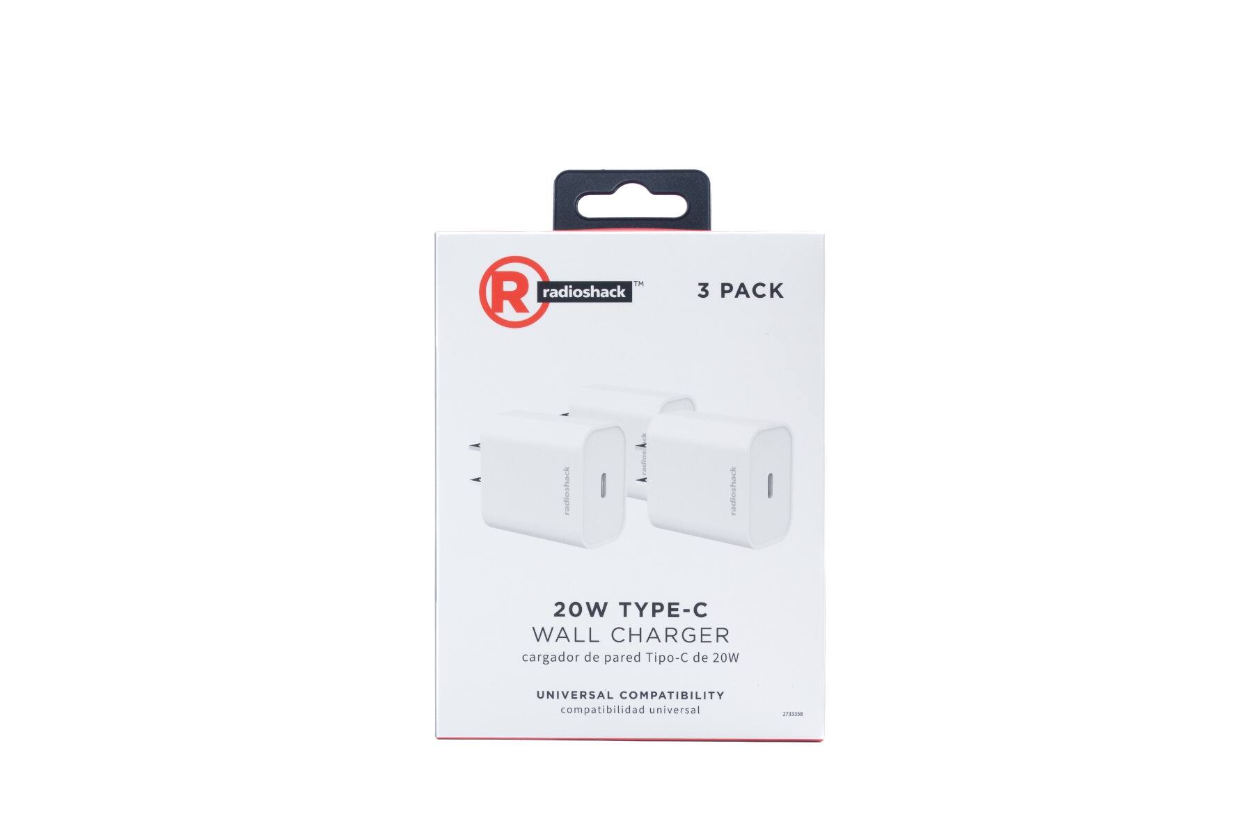 TM radioshack 3 PACK radioshack 20W TYPE-C WALL CHARGER cargador de pared Tipo-C de 20W UNIVERSAL COMPATIBILITY compatibilidad universal