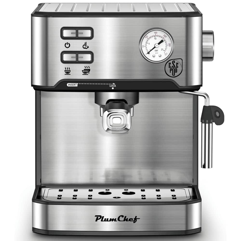 Plum Chef - 20 Bar Semi-Automatic Espresso Machine 1350W Coffee Maker with Steam Wand ESE Pod Compatible 1.5L Tank - Silver