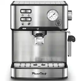 Plum Chef - 20 Bar Semi-Automatic Espresso Machine 1350W Coffee Maker with Steam Wand ESE Pod Compatible 1.5L Tank - Silver