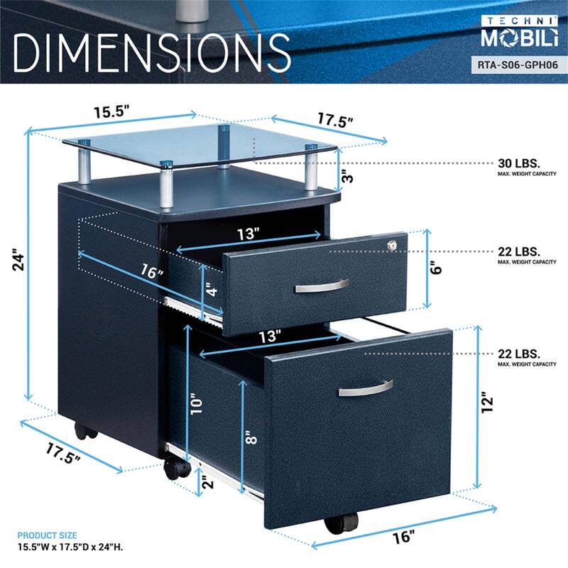 DIMENSIONS  
TECHNI MOBILI  
RTA-S06-GPH06  

15.5" x 17.5" x 24"  
30 LBS. MAX WEIGHT CAPACITY  

16" x 13" x 4"  
22 LBS. MAX WEIGHT CAPACITY  

13" x 12" x 2"  
22 LBS. MAX WEIGHT CAPACITY  

PRODUCT SIZE  
15.5"W x 17.5"D x 24"H.