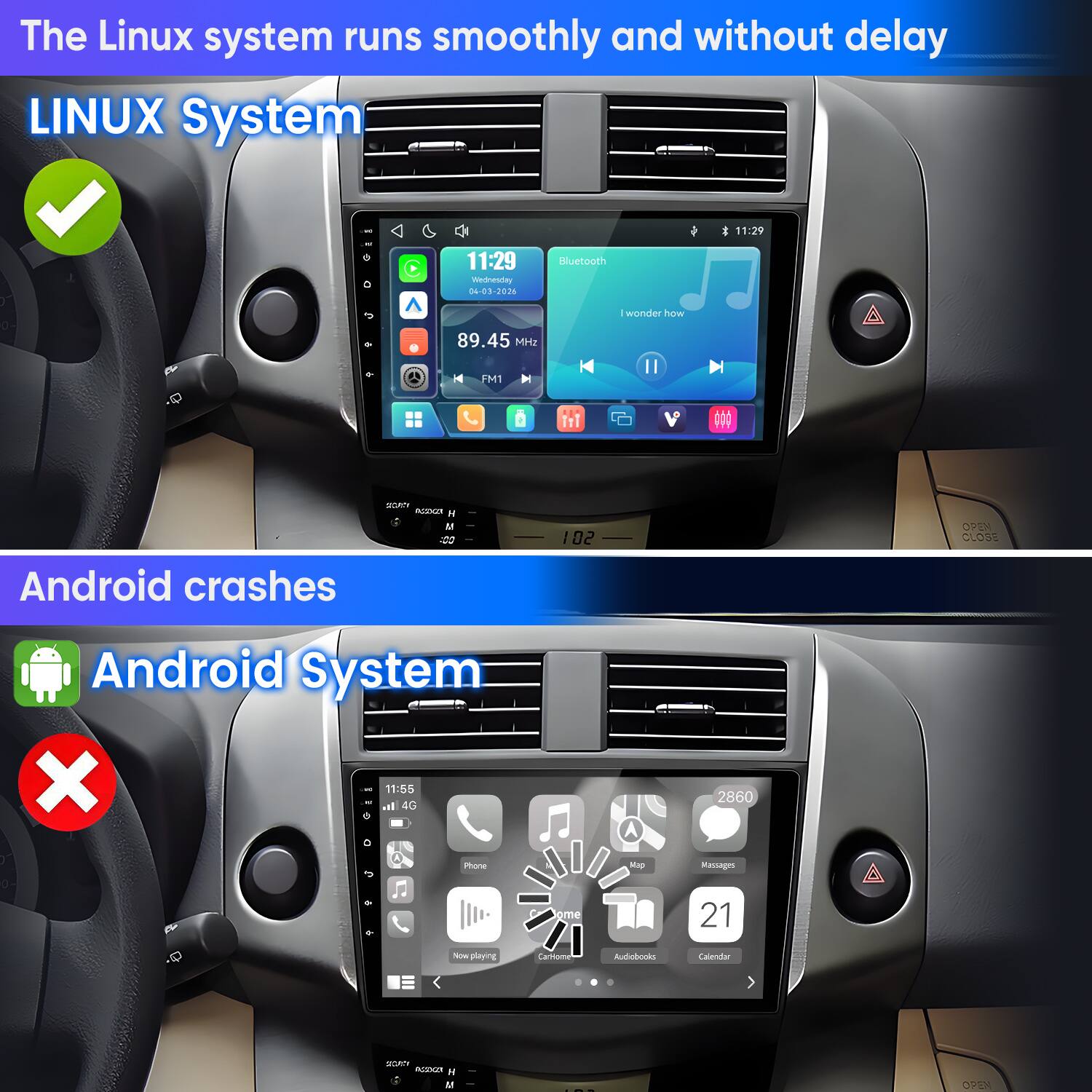The Linux system runs smoothly and without delay  
LINUX System  

Android crashes  
Android System