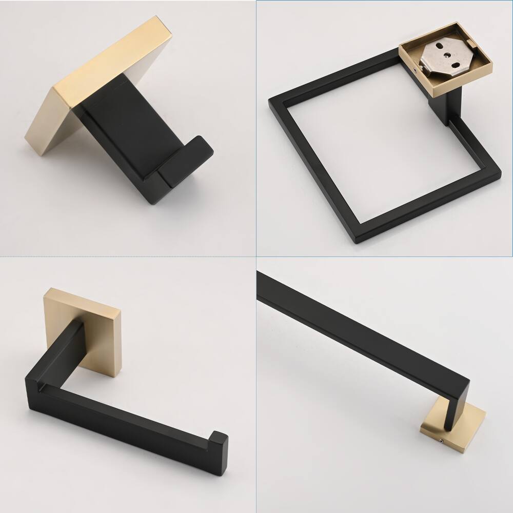 Alt View 4. JUJABU - 5-Piece Bathroom Set Towel Bar + Ring + Hooks + TP Holder, Black + Gold - Black + Gold.