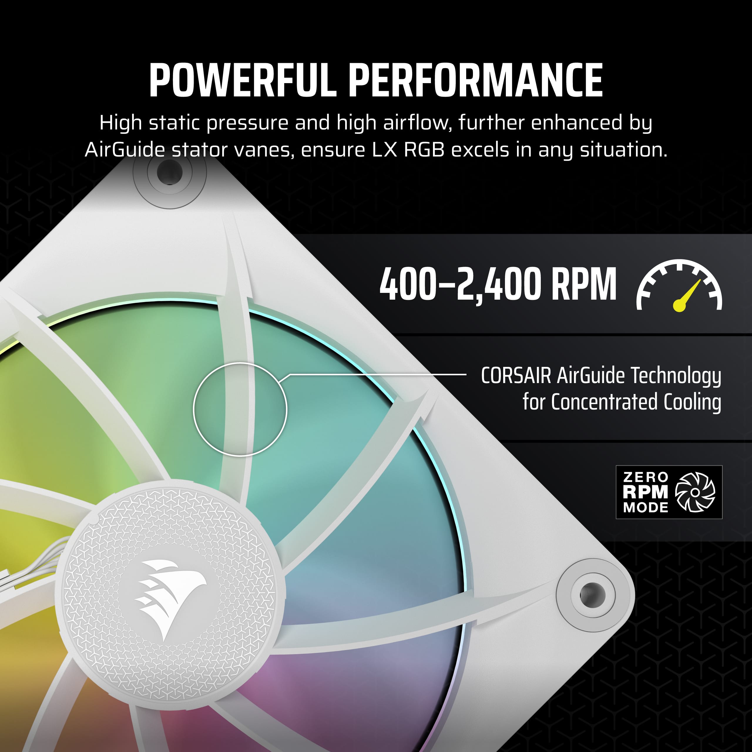 The text on the image reads: "POWERFUL PERFORMANCE High static pressure and high airflow, further enhanced by AirGuide stator vanes, ensure LX RGB excels in any situation. 400-2,400 RPM CORSAIR AirGuide Technology for Concentrated Cooling ZERO RPM MODE."