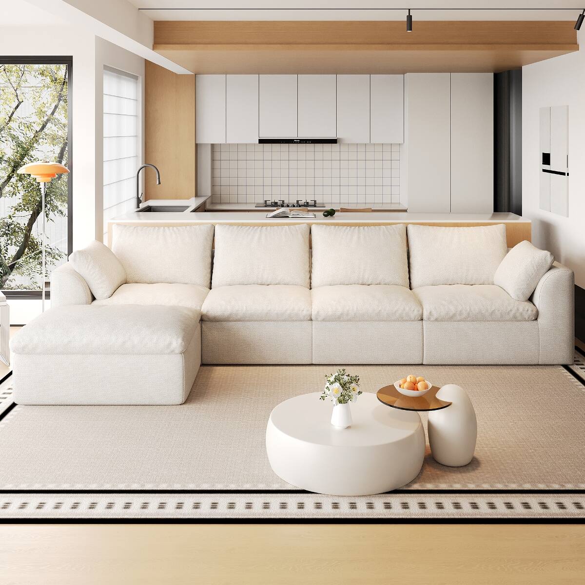 Front. Ropilly - Ropilly White Modular Sectional Sofa with Chaise, Deep Seat Linen Fabric Corner Couch, Tool Free Assembly, Seats Five - White.
