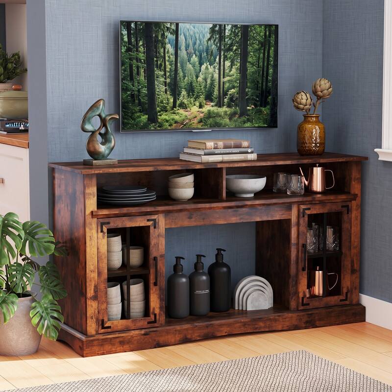 Alt View 3. WELLFOR - TV Stand for 50" TV with Remote Control, LED Entertainment Center with Glass Door Media Console Cabinet - Rustic Brown.