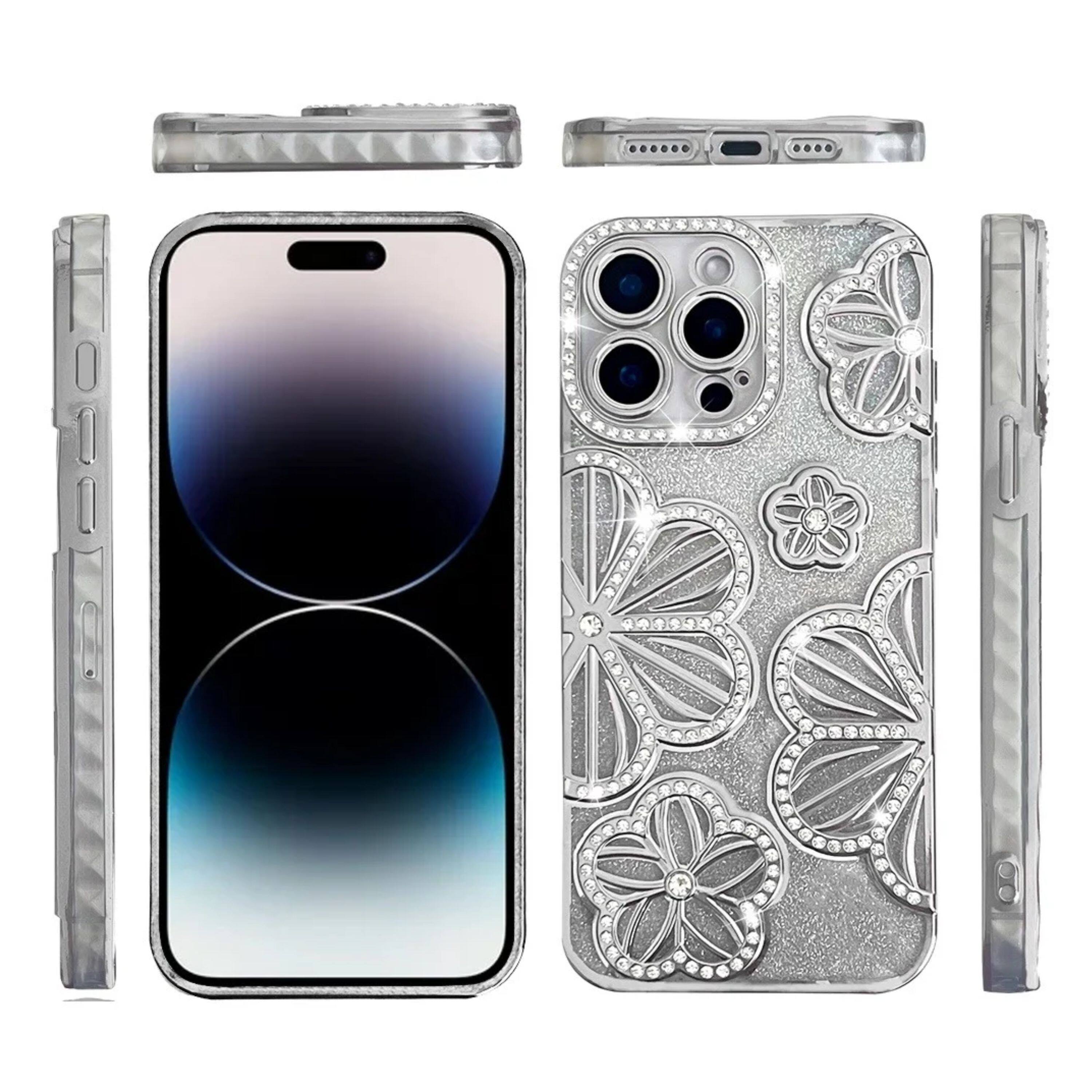 Angle. Kitcheniva - 3D Glitter Floral Rhinestone Phone Case For iPhone 14 Pro Max Silver - Silver.
